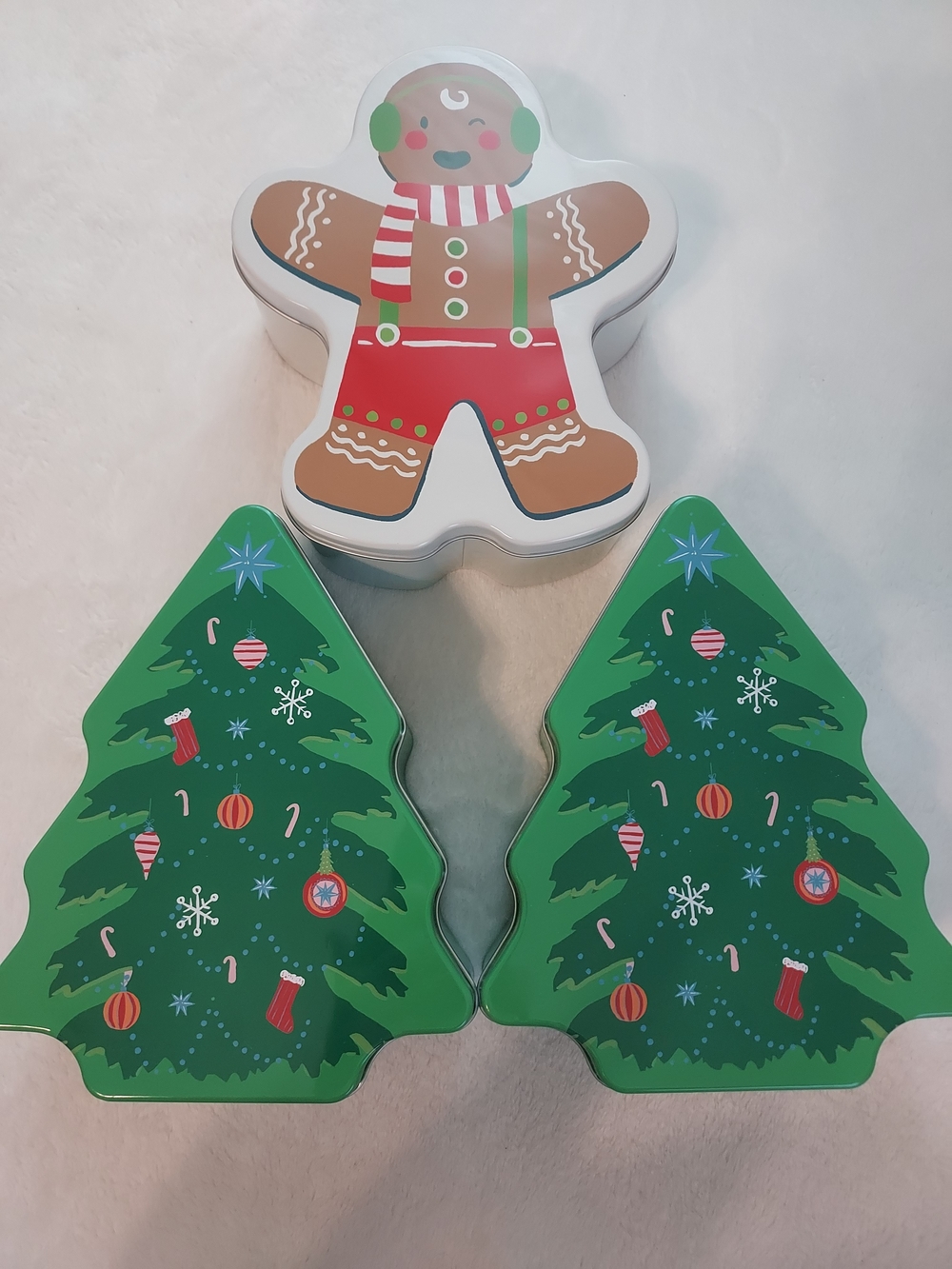 Holiday Gingerbread Man & Christmas Tree Tin Gift Set Trio Cookies Goodies